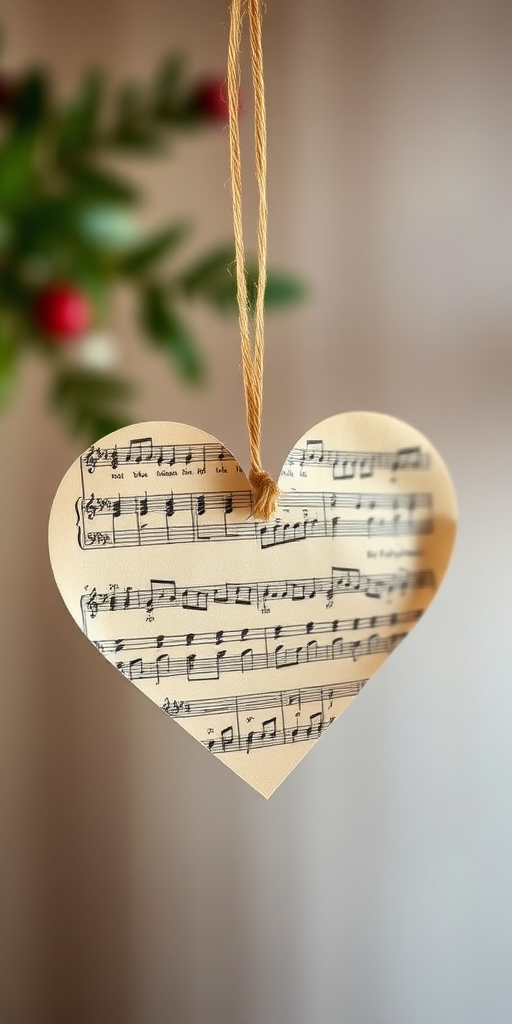 Create an image of a heart-shaped decoration made from musical sheet paper hanging against a softly blurred background, taken with a DSLR camera at f/2.8 aperture, ISO 100, 50mm lens, using a shallow depth of field and natural soft lighting to enhance the details and contrast.