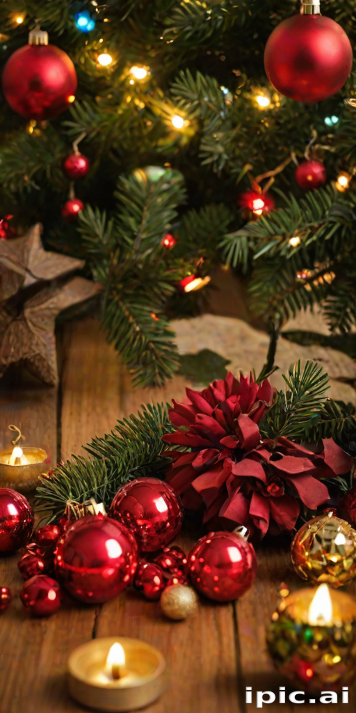 Festive Christmas Decorations with Red Ornaments and Glowing Candles ...