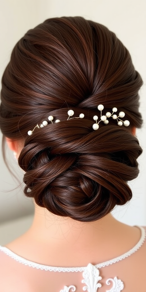 Elegant updo featuring a sleek chignon in rich mahogany brown, adorned with delicate pearl pins and intricate braided accents, perfect for formal occasions