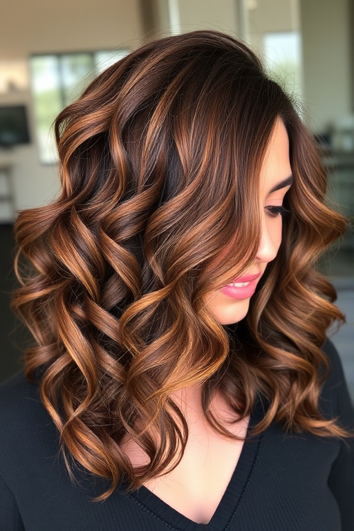 Chocolate brown curly shag with caramel highlights, named "Mocha Swirl," boasting voluminous ringlets and a flattering mix of warm and cool tones