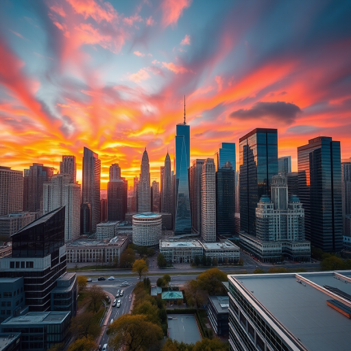 create a high-resolution image of a modern city skyline during sunset, showing vibrant colors in the sky, with reflections on glass buildings, captured with a DSLR camera at 50mm focal length, aperture f/8, ISO 100, and a wide-angle view.
