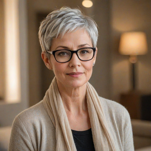 Portrait of a mature woman with short silver hair, styled in an asymmetrical pixie cut with side bangs. She wears black-framed glasses and a beige blouse with a white cardigan over it, as well as a bulky scarf in neutral tones. The woman is indoors with soft lighting and a blur in the background. Her expression is serene and confident, highlighting her elegance and modern style.