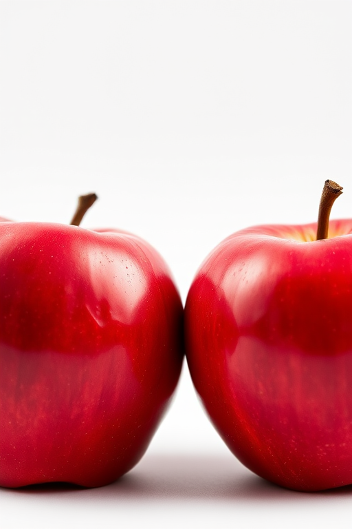 photograph of two red apples placed side by side, natural light, shallow depth of field, macro lens, aperture f/2.8, ISO 100, 50mm lens, high dynamic range, captured in a studio setting against a soft white background to enhance color and detail