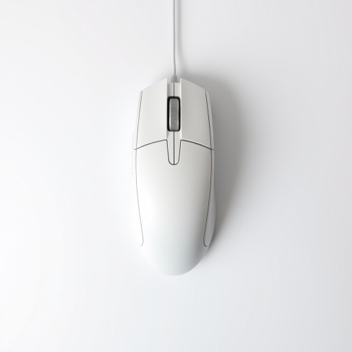 Create a high-resolution image of a white computer mouse on a solid background, using a 50mm lens with an f/2.8 aperture, in a top-down view, shot with a DSLR camera at ISO 100.