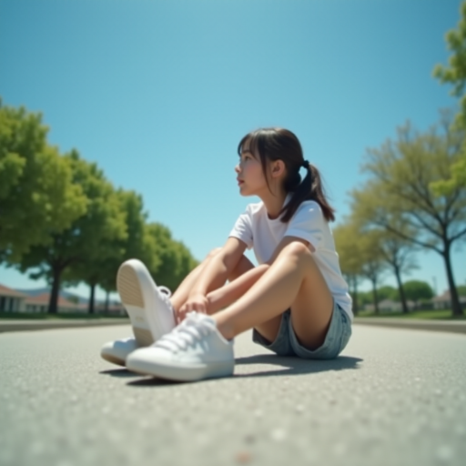 Generate an ultra-realistic, highly detailed, high-definition photograph. It's a photo of a girl sitting on the floor. She's looking at the horizon. The photo is taken from the bottom up, at ground level. The girl's sneakers are in the foreground, in the center of the scene. The girl is wearing light clothes, a t-shirt and short shorts. The sky is blue. Bright environment. The background is a blurred image of a park.