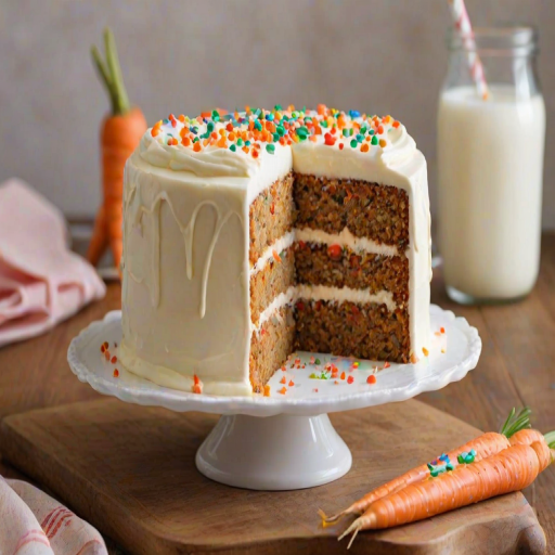 Create an image of a three-layer carrot cake with cream cheese frosting. The cake should have visible layers of moist carrot cake and be decorated with colorful sprinkles and small fondant carrots on top. Include a slice of the cake on a wooden board, with a glass of milk in the background. The setting should be warm and inviting, with a soft-focus background.