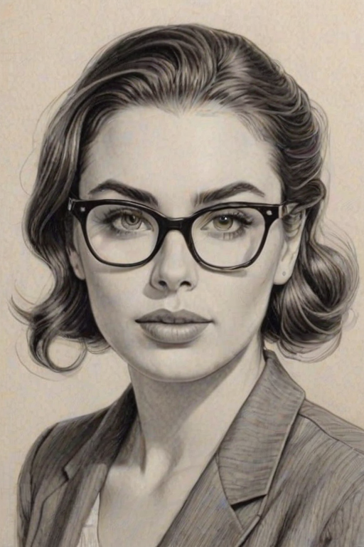 Elegant Sophie Simmons, pencil sketch, portrait of Pleasing woman 1947s in glasses, hair style beatnik, outline, clear lines, fine lines, 8k