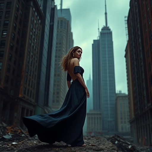Generate a high-quality portrait of a woman in a flowing dark gown standing amidst a post-apocalyptic urban landscape with skyscrapers in ruins, using a Canon EOS R5 camera with a 50mm lens, aperture set to f/1.8, ISO 400, and a shallow depth of field for a moody, atmospheric look.