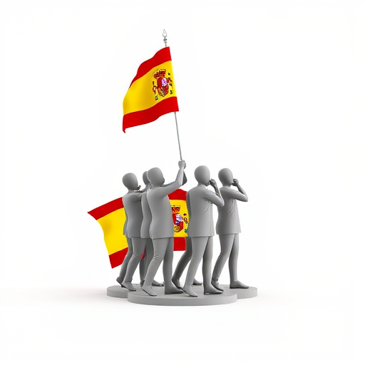 Create a 3D rendering of several stylized figures hoisting a flag with the Spanish emblem, set against a clean white background, using a Canon EOS R5 camera with a 50mm lens, aperture set to f/1.8, ISO 100, and a shallow depth of field for enhanced image quality.