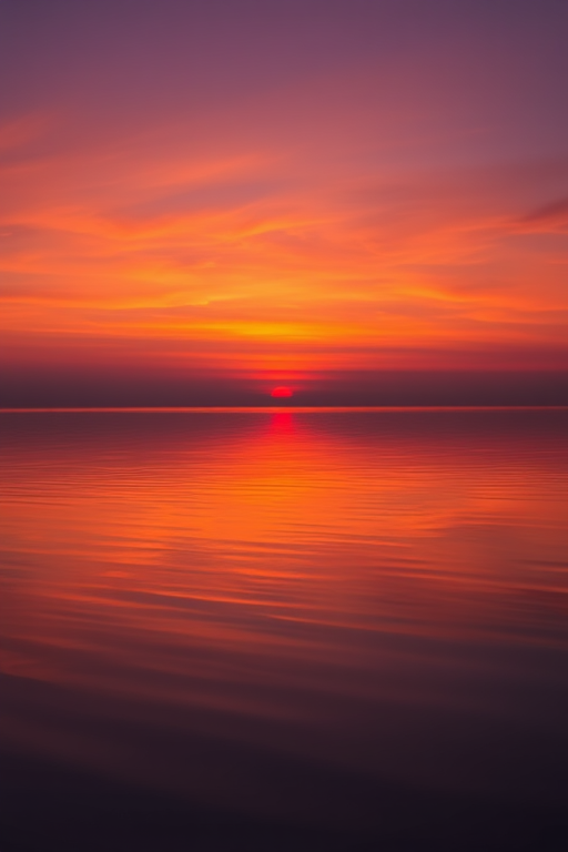 Create a high-resolution image of a serene sunset over a calm lake reflecting vibrant orange and purple hues, captured with a Canon EOS R5 at f/8, ISO 100, 1/250 sec, using a wide-angle lens (24mm) for an expansive view.
