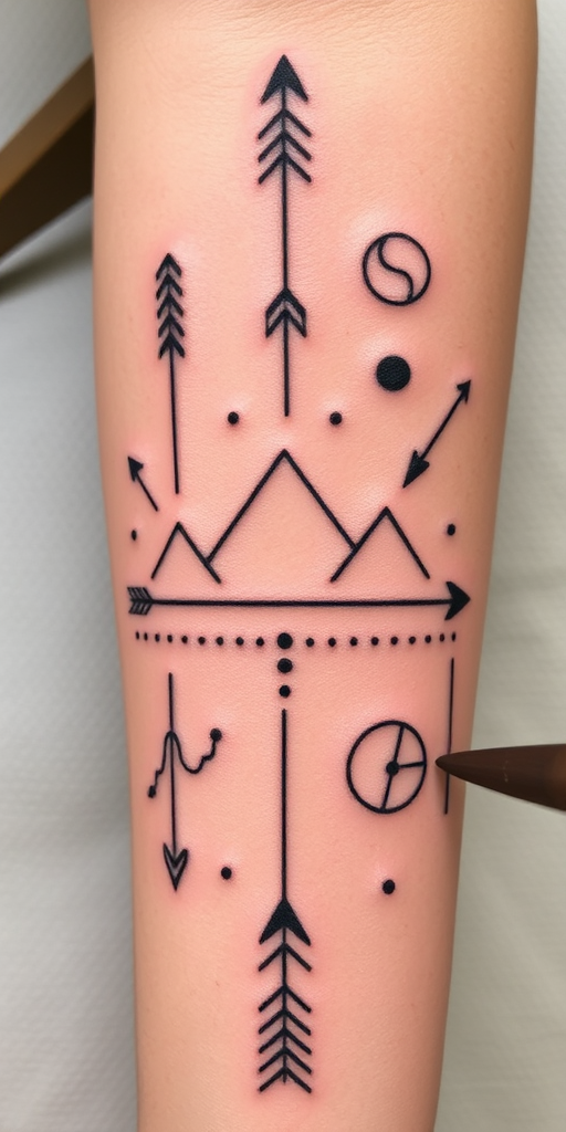 Stick and poke tattoo dubbed "Nomad's Journey" featuring simple, hand-poked designs of arrows, mountains, and constellations arranged in a meaningful pattern