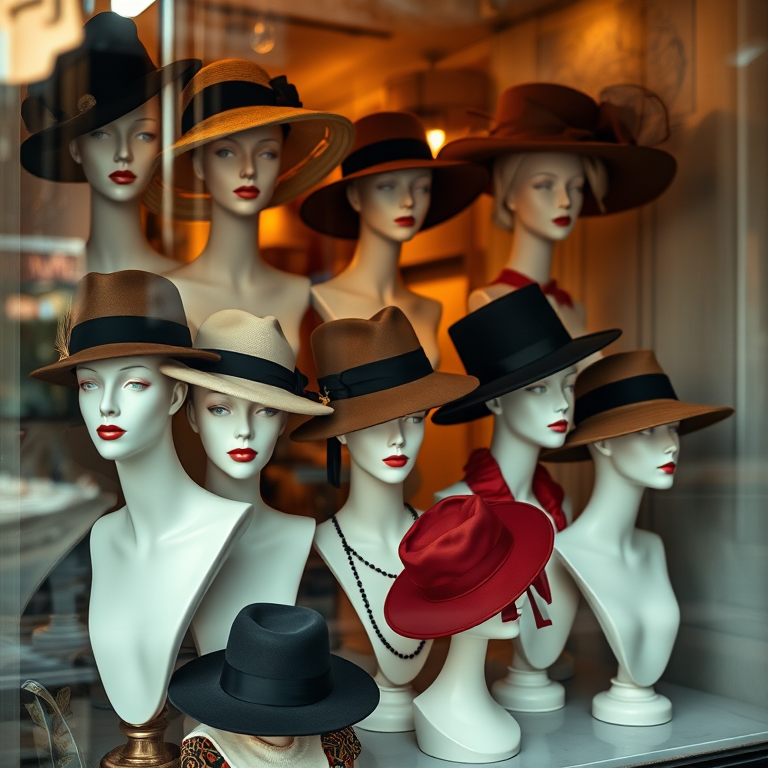 A well-lit vintage display of various stylish hats on mannequins in a shop window, captured with a Canon EOS R5 at f/2.8, 1/125 sec, ISO 100, using a wide-angle lens, soft natural lighting, shallow depth of field to emphasize details and colors of the hats.