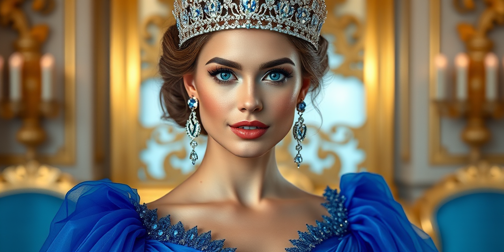 A gorgeous woman in a luxurious blue gown, accessorized with a dazzling tiara and statement earrings, her deep blue eyes highlighted by impeccable makeup, poised in a royal setting, photorealistic, 8K quality