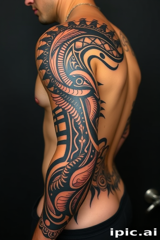 Tribal fusion tattoo named "Ancient Echo" blending traditional Polynesian and Maori motifs with contemporary design elements, creating a bold and striking pattern that flows with the contours of the body