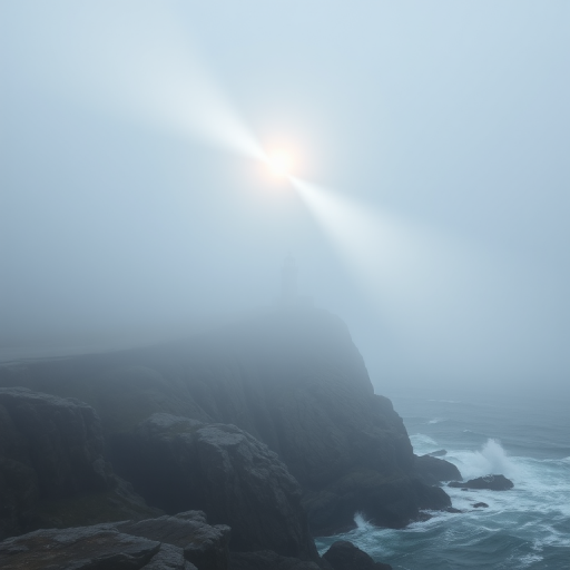 Softly focused photo of a lighthouse perched on a rocky cliff, beams of light cutting through the thick fog, with crashing ocean waves faintly visible below.