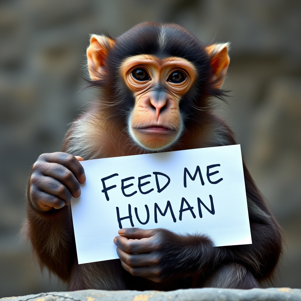 monkey holding a note which says "FEED ME HUMAN"