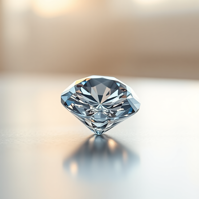 Create a high-resolution 3D rendering of a diamond on a smooth surface with soft lighting, using a Canon EOS R5 camera with an EF 50mm f/1.2L lens at f/2.8, 1/125 sec shutter speed, and ISO 100 to capture intricate details and reflections.