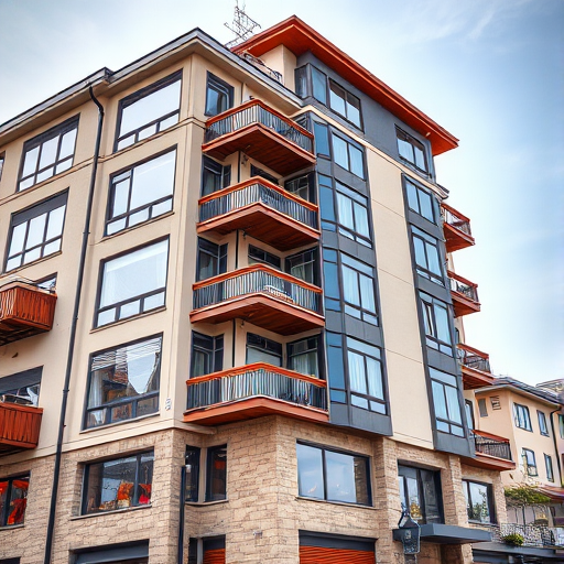 regenerate an image of a multi-story building with a modern design featuring large windows, wooden balconies, and decorative stone details, shot with a DSLR camera at f/8, ISO 200, 24mm lens, in HDR style, from a slight low angle view to emphasize architectural features and clarity