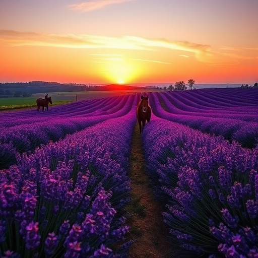 Create a vibrant landscape of lavender fields at sunset with horses walking through, include a wide-angle view, aperture f/8, ISO 100, shutter speed 1/200s, DSLR camera, and enhance colors for dramatic effect.