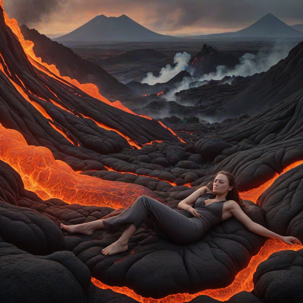 A surreal, detailed image of a woman lying comfortably in flowing lava, with gray smoke rising around her. She appears relaxed despite the molten surroundings, with a volcanic landscape and distant mountains in the background. The scene is vivid, with the bright lava contrasting against the dark, smoky atmosphere.