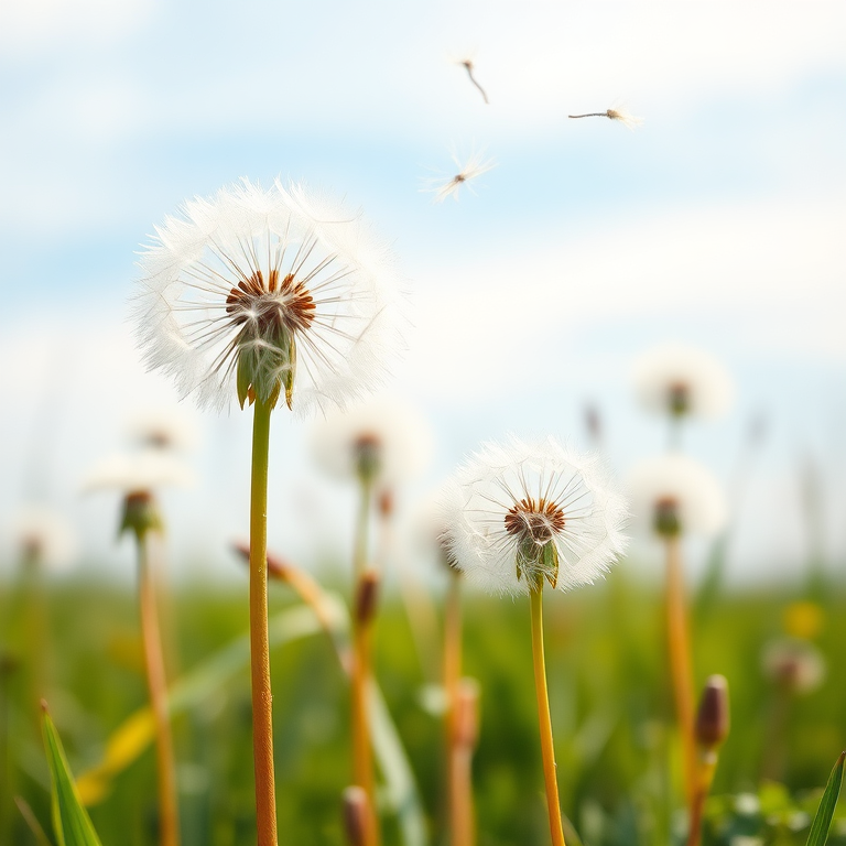 Watercolor illustration of dandelions blowing in the wind against a soft blue sky, focus on the delicate details of the flowers and the gentle movement of seeds, shot with a Canon EOS R5, aperture f/2.8, shutter speed 1/100s, ISO 100, using a shallow depth of field to enhance foreground clarity while softly blurring the background.