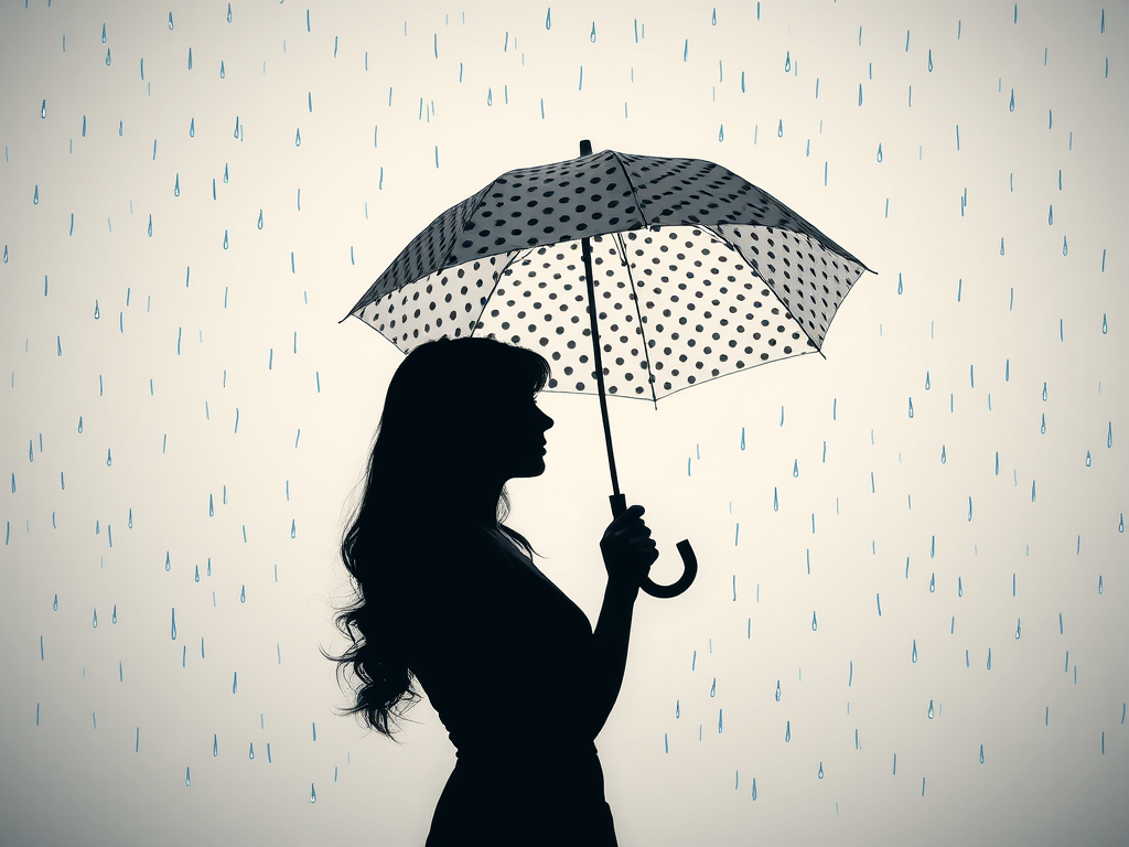 A silhouette of a woman holding a polka-dotted umbrella against a white background with falling blue raindrops, shot with a DSLR camera, aperture f/4, shutter speed 1/200 sec, ISO 200, using a wide-angle lens and a soft focus effect.