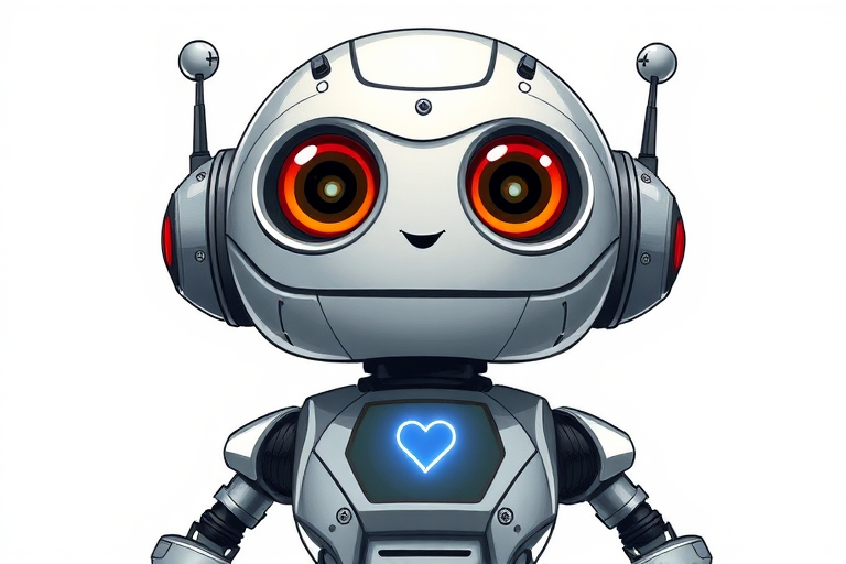 Create a detailed illustration of a friendly robot with large eyes, a metallic body, and a heart monitor display on its chest, set against a white background, using a Canon EOS R5 camera with a 50mm lens, aperture f/2.8, ISO 100, and a shallow depth of field for enhanced image quality.