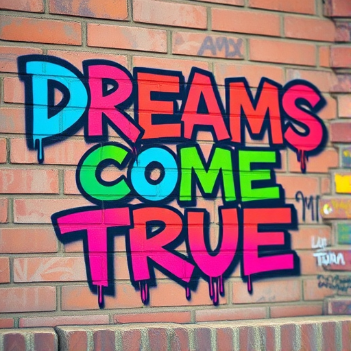 Create a high-resolution image of colorful graffiti text that reads "DREAMS COME TRUE" on a textured brick wall, using a DSLR camera with a 50mm lens, f/1.8 aperture, ISO 100, and a shallow depth of field for a vibrant and clear background.