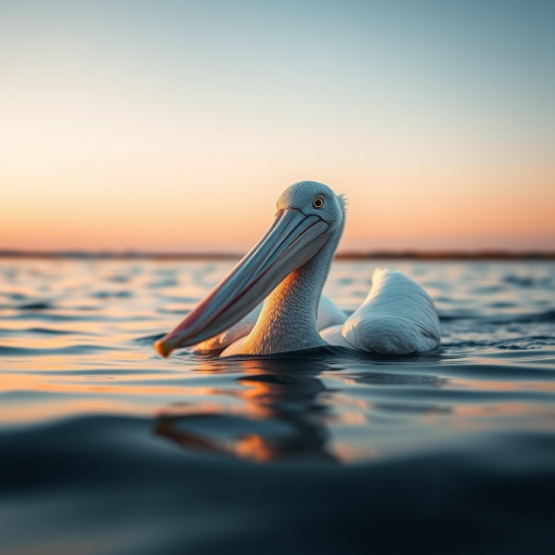 Capture a close-up shot of a pelican swimming in calm water during golden hour, using a DSLR camera with a 50mm lens, aperture set to f/2.8, ISO 100, shutter speed 1/500 sec, with a shallow depth of field to create a soft background blur.
