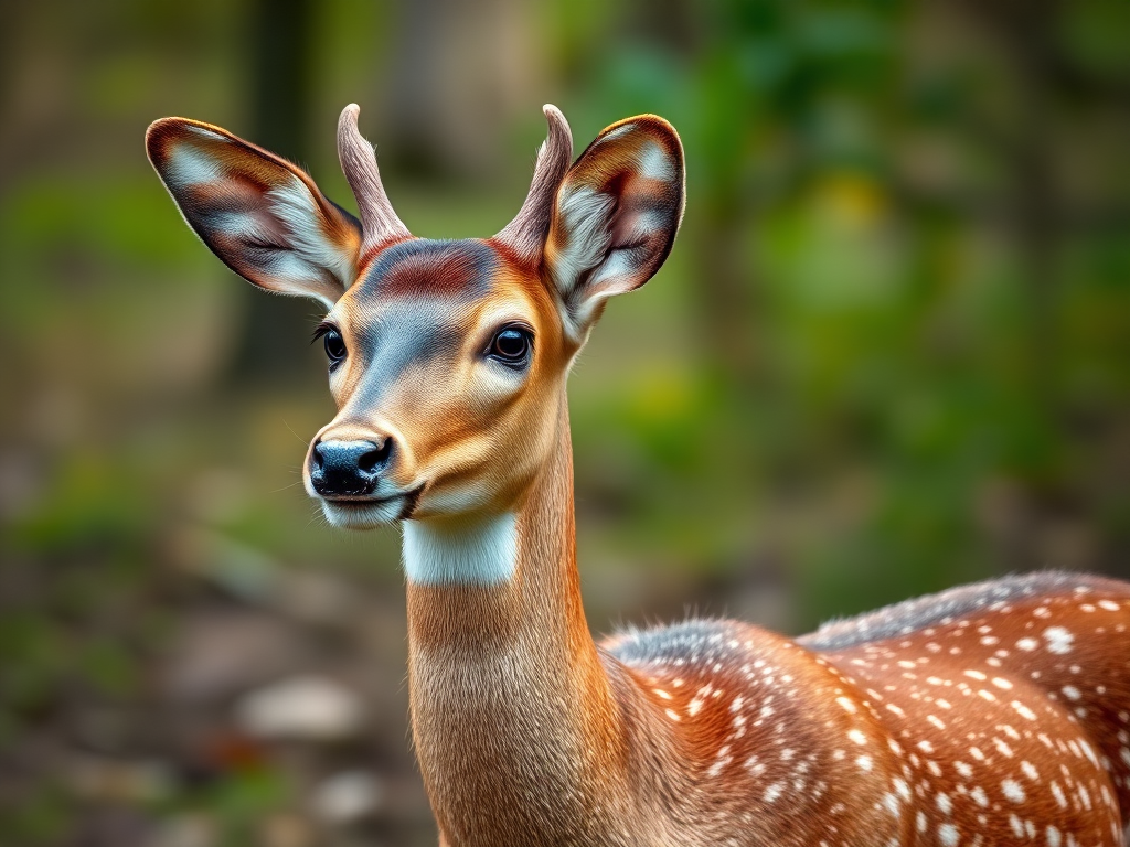 a close-up shot of a standing deer in a natural setting, captured with a Canon EOS 5D Mark IV, 50mm lens, aperture f/2.8, ISO 100, 1/250 sec, natural lighting, high resolution, sharp focus on the deer with a blurred background for depth.
