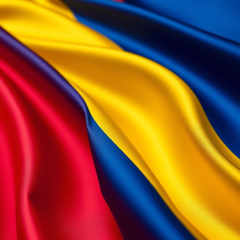 Create a hyper-realistic image of the Colombian flag with vibrant colors and a silk texture, using a Canon EOS R5 camera with a 50mm f/1.2 lens, aperture set to f/2.8, ISO 100, and soft lighting to enhance the sheen and detail of the fabric.