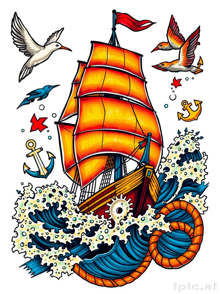 Bold traditional American tattoo style piece called "Sailor's Destiny" showcasing a vibrant full-color sailing ship battling stormy seas surrounded by classic nautical elements such as anchors swallows and rope thick black outlines and saturated primary colors pay homage to vintage tattoo artistry while incorporating modern techniques for enhanced depth and detail