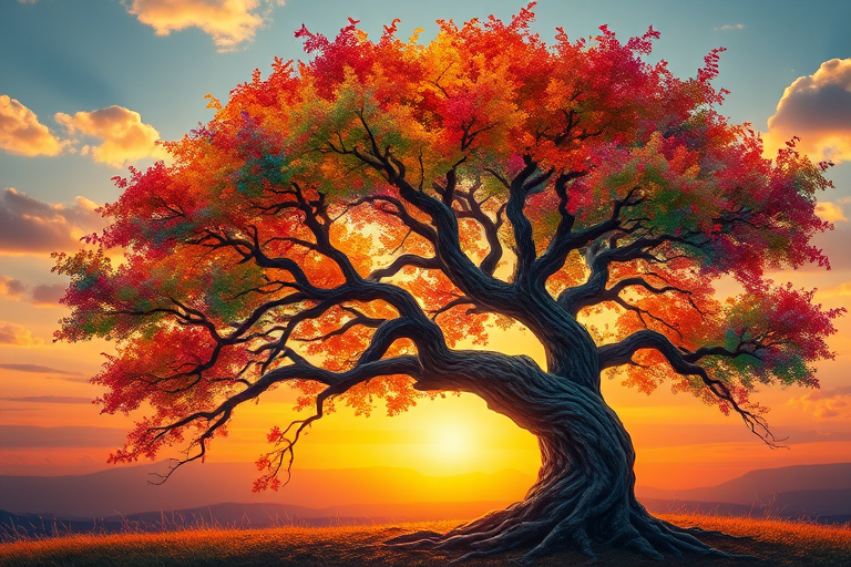 create a vibrant digital painting of a twisted tree with colorful leaves in an abstract style, sunset background with soft clouds, shot with a DSLR camera at f/8 aperture, 50mm lens, and a slight vignette effect to enhance depth and focus