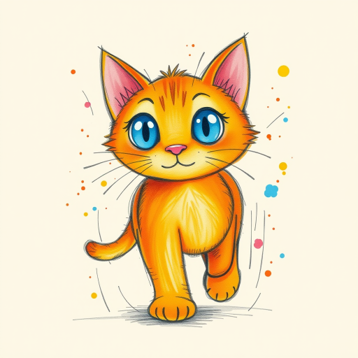 A vibrant childs coloured pencil drawn illustration of a bright orange cat with large, expressive blue eyes, a very cute style. The cat appears to be walking towards the viewer, surrounded by an abstract splash of colors and fine black lines, giving the image a dynamic and artistic flair. The background is a soft beige, highlighting the cat's vivid coloration and playful demeanor. Naively drawn scratchy line style.