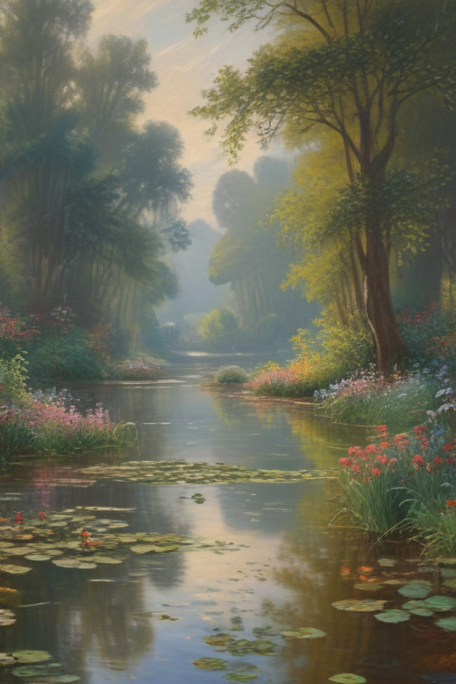 A Serene River Scene Surrounded by Lush Greenery and Colorful Flowers.