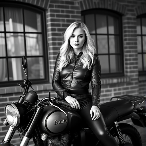 A stylish woman with wavy blonde hair sitting on a vintage motorcycle, dressed in leather attire, posed against a brick wall with large windows, captured in high contrast black and white, using a Canon EOS R5 with a 50mm f/1.2 lens at f/2.8, ISO 100, shutter speed 1/200s, natural light for soft shadows.