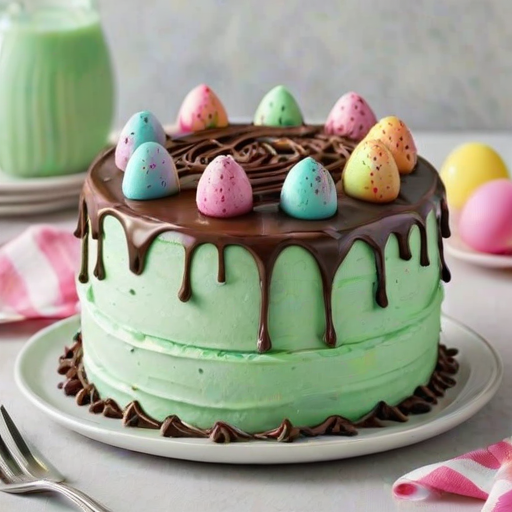 Create an image of a round cake with a mint green frosting base and a smooth chocolate ganache topping. Decorate the top with swirls of mint green whipped cream and place small pastel-colored candy eggs around the edge. Include chocolate drizzle cascading down the sides of the cake and a festive setting with colorful candy scattered around.