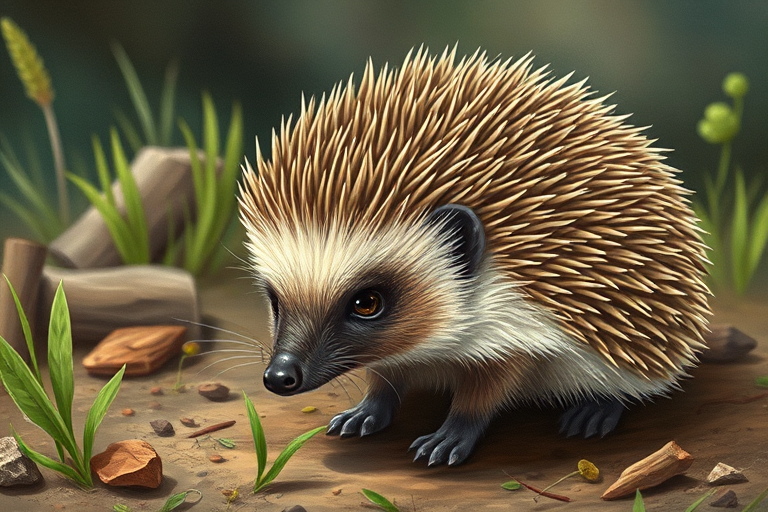 Create a detailed illustration of a hedgehog in a natural setting, using a DSLR camera with a 50mm lens at f/2.8, ISO 100, and a shutter speed of 1/125s, focusing on the textures of its fur and the environment.