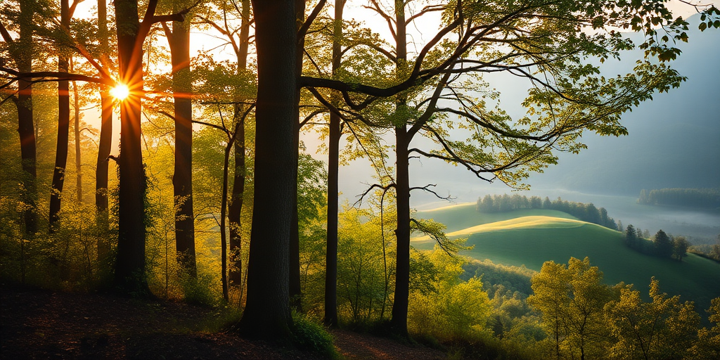 Generate a high-resolution image of a tranquil forest scene at sunrise, with soft golden light filtering through the trees, vibrant green leaves, and a misty atmosphere, using a DSLR camera with a 50mm lens, aperture set to f/2.8, ISO 200, and a shallow depth of field, taken from a low angle to capture the towering trees and gently rolling hills in the background.