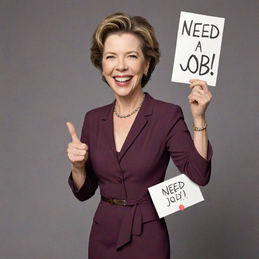 caricature of a smiling Annette Bening in a Plum dress or suit, holding up a sign that says "NEED A JOB", no watermark,