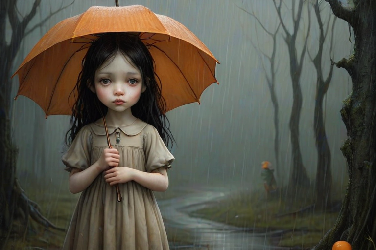 An eerie, weird little girl with dark hair in thin pigtails, wearing a smock dress, standing in the rain, holding a dirty orange umbrella, a small, odd creature beside her. In a surreal style inspired by Nicoletta Ceccoli and Brian Froud. Dark fantasy themes