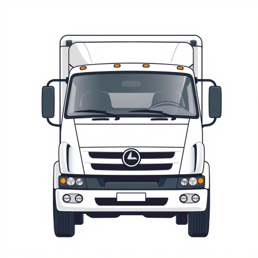Create a high-resolution vector illustration of a front view of a delivery truck, using a DSLR camera, with settings at f/8 aperture, 1/100 shutter speed, and ISO 200, in a clean and minimalistic style.
