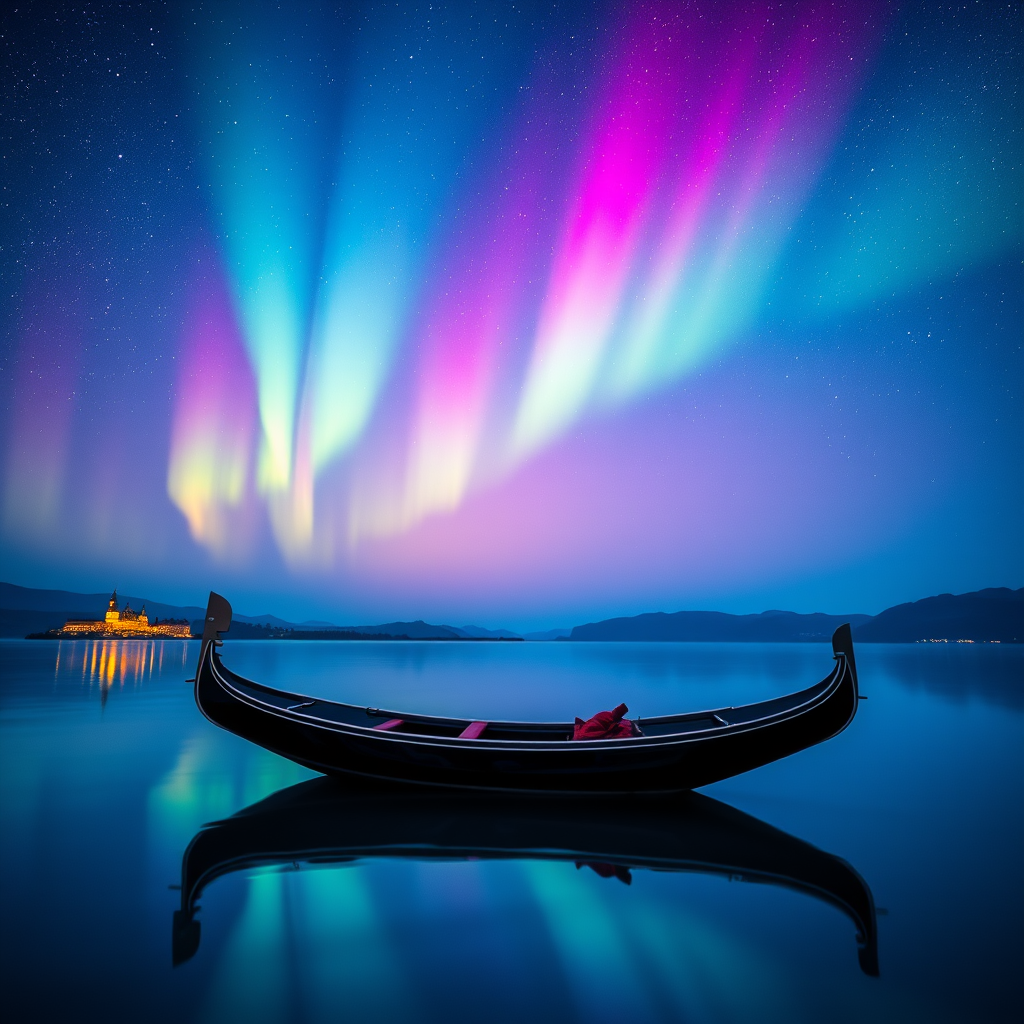 Create a vibrant night scene featuring a gondola on a serene lake under a cosmic sky filled with stars and colorful auroras, with a focus on reflection and mood, captured using a DSLR camera at f/2.8, ISO 400, with a wide-angle lens to enhance depth and detail in the foreground and background, using long exposure technique for smooth water effects and vivid colors.