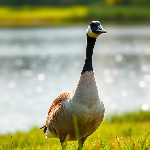 A close-up shot of a Canadian goose standing on green grass near a shimmering lake, soft natural lighting, aperture f/2.8, shutter speed 1/500 sec, ISO 200, DSLR camera, shallow depth of field, focus on the goose with a blurred background.