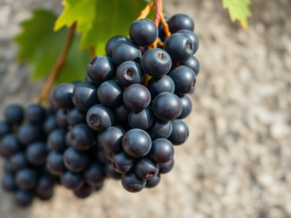 Capture a close-up of a cluster of black grapes hanging against a textured background, using a DSLR camera with a 50mm lens, aperture set to f/1.8 for a shallow depth of field, ISO 100, and exposure time of 1/250 seconds in natural light to enhance contrast and clarity.