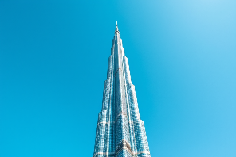 A high-resolution photograph of the Burj Khalifa, captured in bright daylight from a low angle, using a DSLR camera with a 24mm lens, aperture set to f/8, ISO 100, and a shutter speed of 1/250s, emphasizing the skyscraper's height and architectural details against a clear blue sky.
