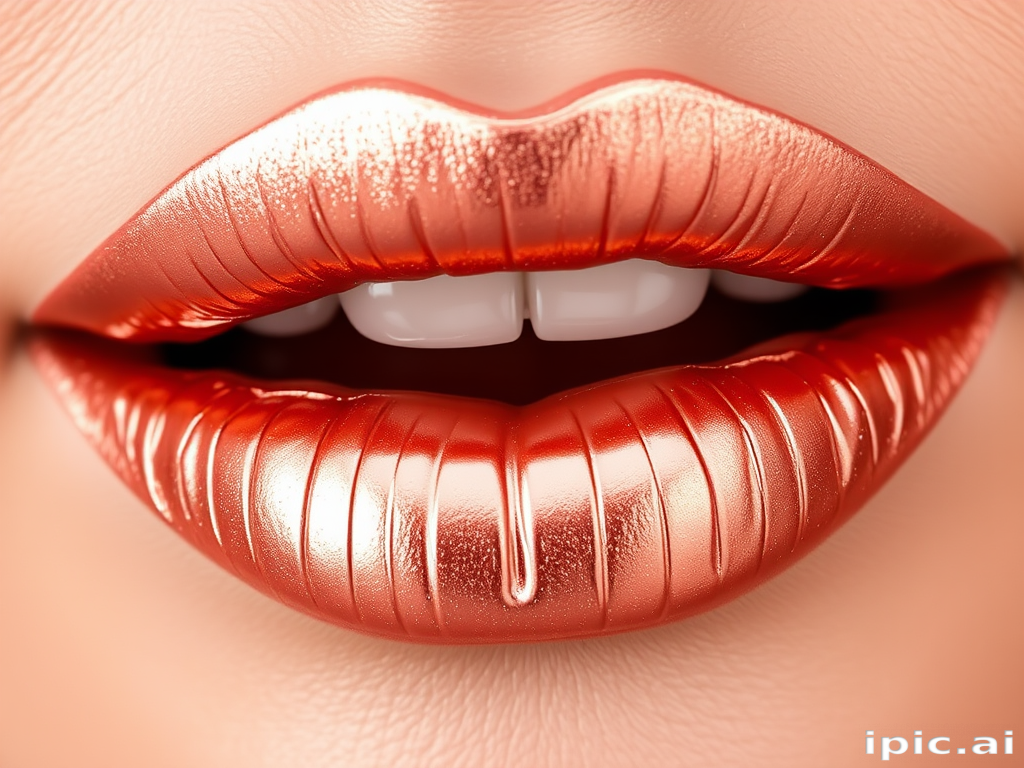 Metallic rose gold lips with a foiled effect, named "Gilded Petals," offering intense pigmentation and a mirror-like reflective surface