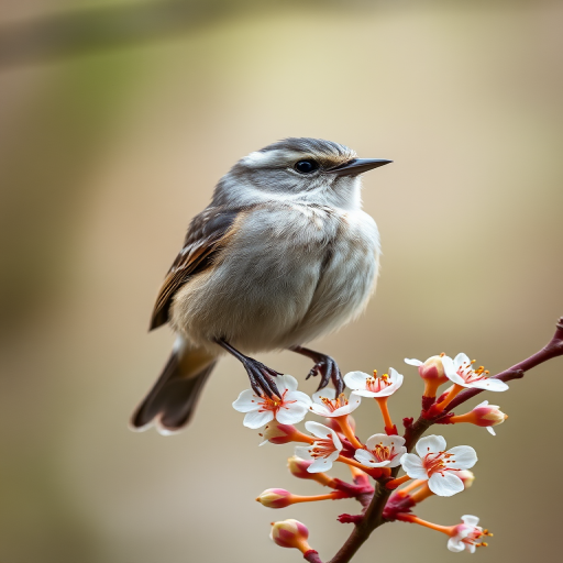 Capture a close-up of a small bird perched on a flowering branch, using a Canon EOS 5D Mark IV, 85mm lens, f/2.8 aperture, ISO 200, 1/250s shutter speed, natural light with a shallow depth of field for a soft background blur.