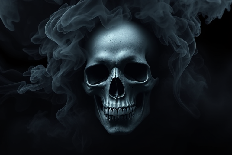 Create a highly detailed digital painting of a skull emerging from dark smoke on a black background, captured with a Canon EOS R5, using a 50mm lens at f/1.8, ISO 100, and a shutter speed of 1/200s to enhance clarity and depth.