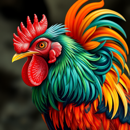 Create a detailed illustration of a vibrant rooster with swirling colors and intricate patterns, captured with a Canon EOS R5, 50mm lens, f/1.8 aperture, ISO 200, in natural lighting to enhance textures and colors.